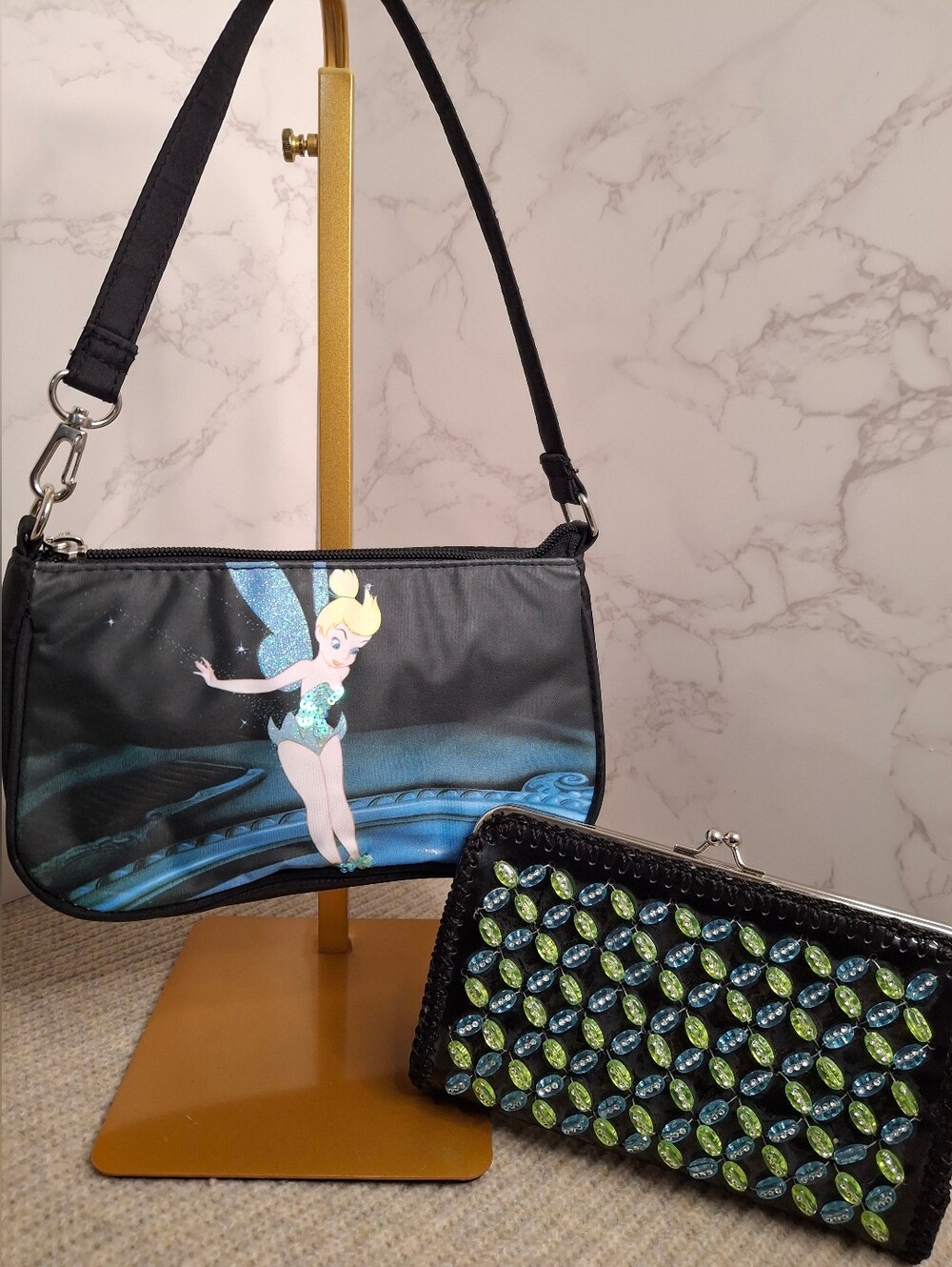 Disney Tinker Bell Black Sequin Mini Baguette Bag + Beaded Wallet EUC